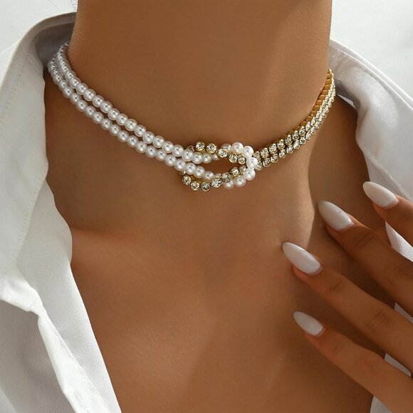 Women's Dainty Gold Pearl Necklace 14k Gold Plated Choker Necklace Simple Trendy - Picture 2 of 6